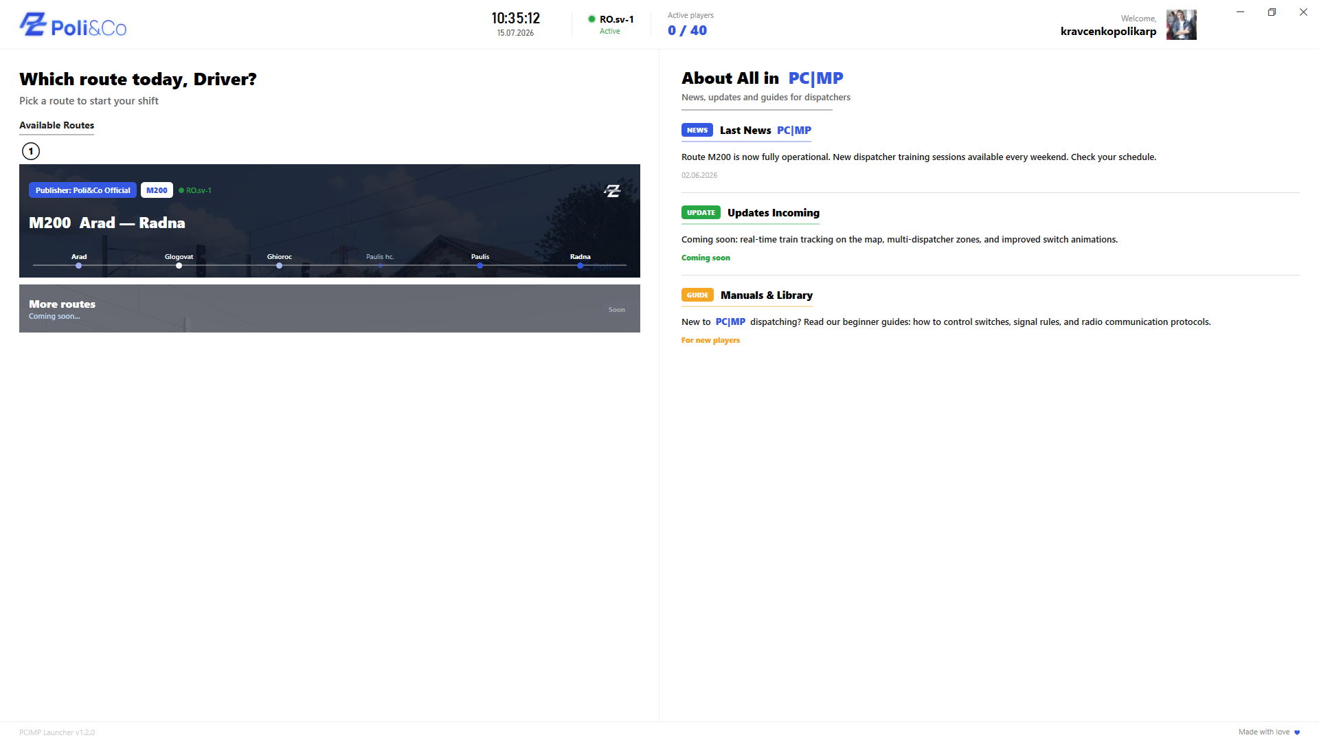 Dashboard — Which route today, Driver? with route card and news panel