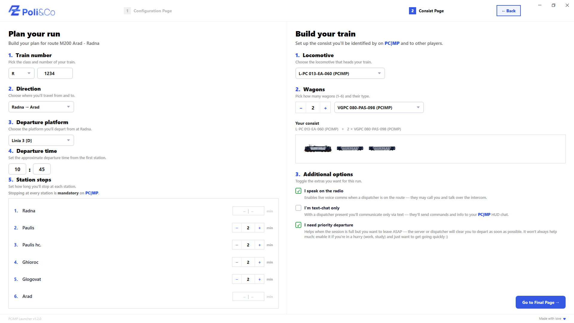 Plan your run and Build your train — configuration and consist page