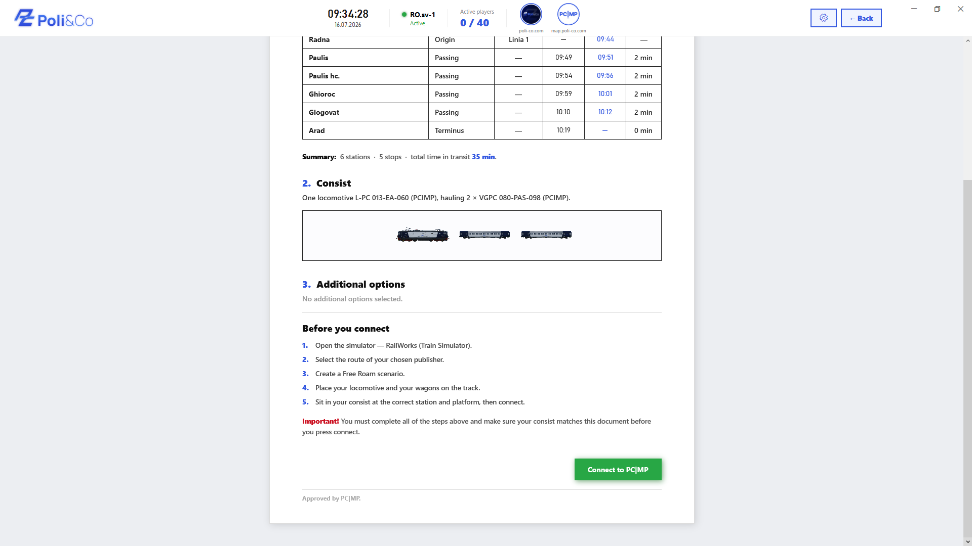 Final page — schedule table, consist summary and Connect to PCIMP button